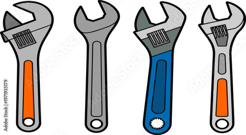 Collection of adjustable wrench tools and spanners with colorful handles for mechanical repair, plumbing, and DIY home improvement maintenance, flat vector illustration
