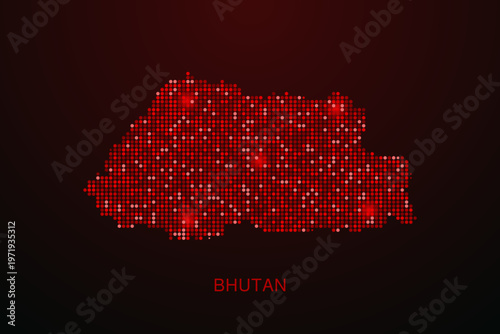 Bhutan Map - Digital dotted map with glowing red points on dark background, modern technology style, abstract data network design, clean minimal vector illustration.