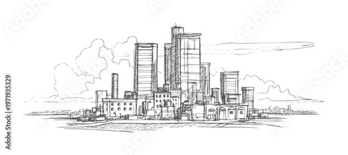 Black and white of a city skyline with tall buildings and clouds architecture urban