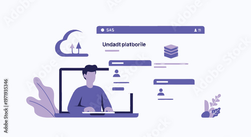 Illustration of a man using a computer with cloud and data icons.