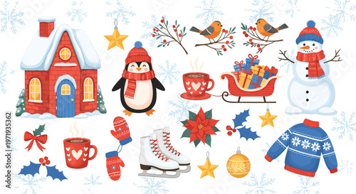 Christmas Winter Vector Set with Snowman, Penguin, Sweaters, Gifts, and Holiday Decorations for Seasonal Designs