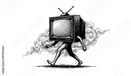 Conceptual walking television scratchboard vector illustration