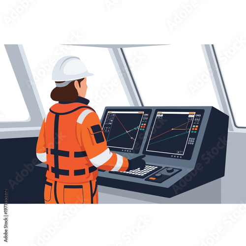 Maritime professional in orange uniform operating advanced control panel with digital displays on a ship bridge