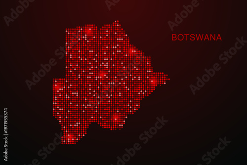 Botswana Map - Digital dotted map with glowing red points on dark background, modern technology style, abstract data network design, clean minimal vector illustration.