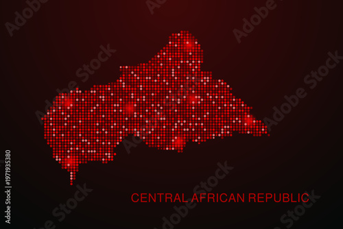 Central African Republic Map - Digital dotted map with glowing red points on dark background, modern technology style, abstract data network design, clean minimal vector illustration.