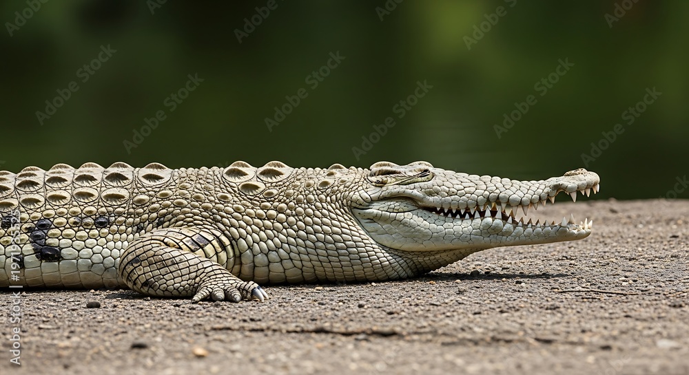 Fototapeta premium Close up view of a crocodile resting with an open mouth on the ground