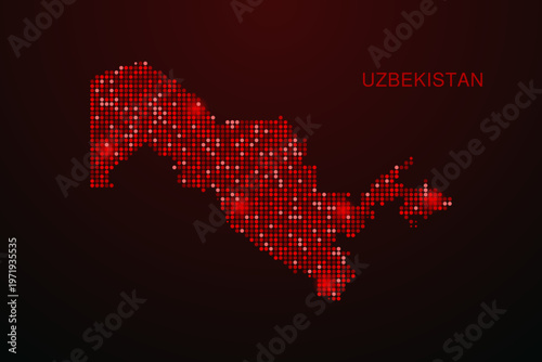 Uzbekistan Map - Digital dotted map with glowing red points on dark background, modern technology style, abstract data network design, clean minimal vector illustration.