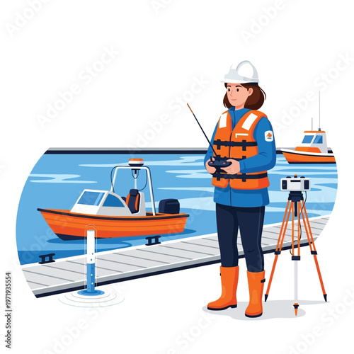 Marine surveyor in safety vest operating a remote-controlled boat near water level measuring device and surveying equipment
