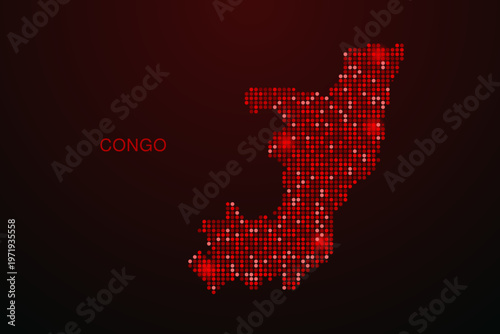 Congo Map - Digital dotted map with glowing red points on dark background, modern technology style, abstract data network design, clean minimal vector illustration.