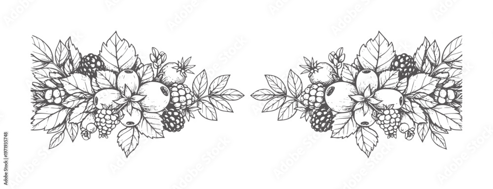 Fototapeta premium Decorative of assorted berries and leaves symmetrical arrangement berry leaf fruit