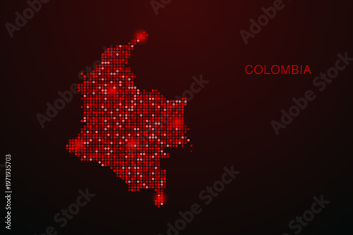 Colombia Map - Digital dotted map with glowing red points on dark background, modern technology style, abstract data network design, clean minimal vector illustration.