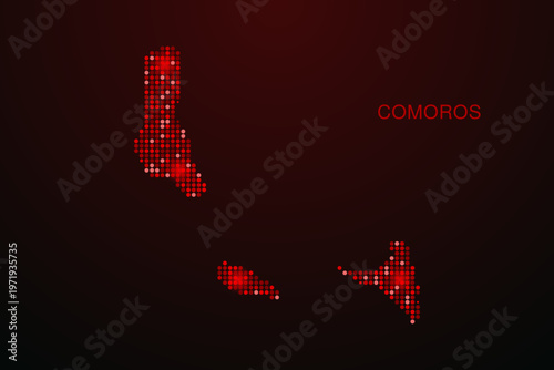 Comoros Map - Digital dotted map with glowing red points on dark background, modern technology style, abstract data network design, clean minimal vector illustration.