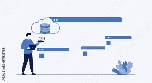 Illustration of a man using a laptop to access cloud database.