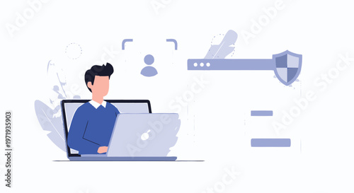 Illustration of a man using a laptop for online security and protection.