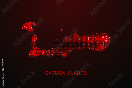 Cayman Islands Map - Digital dotted map with glowing red points on dark background, modern technology style, abstract data network design, clean minimal vector illustration.