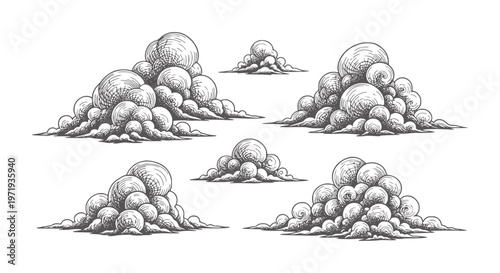 Five hand drawn cumulonimbus clouds in a sketchy style vintage engraving monochrome