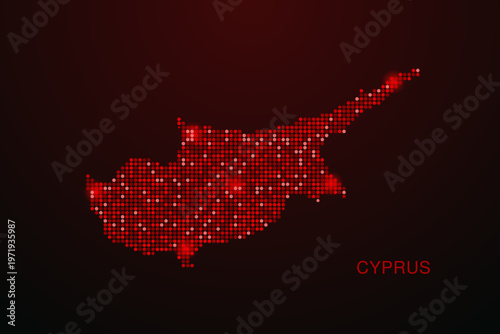 Cyprus Map - Digital dotted map with glowing red points on dark background, modern technology style, abstract data network design, clean minimal vector illustration.