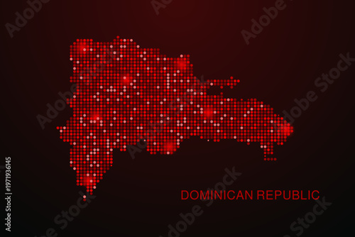 Dominican Republic Map - Digital dotted map with glowing red points on dark background, modern technology style, abstract data network design, clean minimal vector illustration.