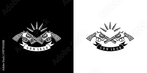 Vintage western gun emblem crossed revolvers and ammunition illustration.