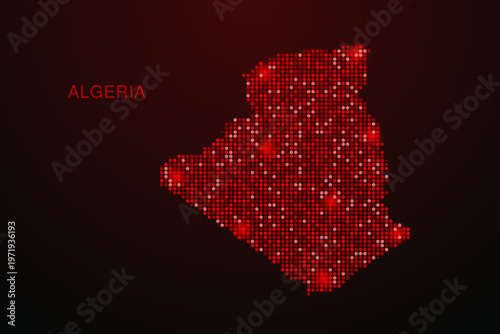 Algeria Map - Digital dotted map with glowing red points on dark background, modern technology style, abstract data network design, clean minimal vector illustration.