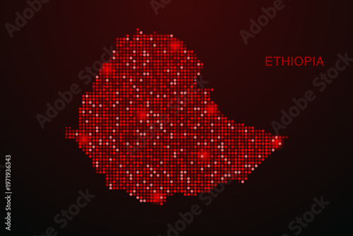 Ethiopia Map - Digital dotted map with glowing red points on dark background, modern technology style, abstract data network design, clean minimal vector illustration.