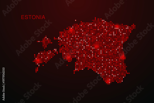 Estonia Map - Digital dotted map with glowing red points on dark background, modern technology style, abstract data network design, clean minimal vector illustration.
