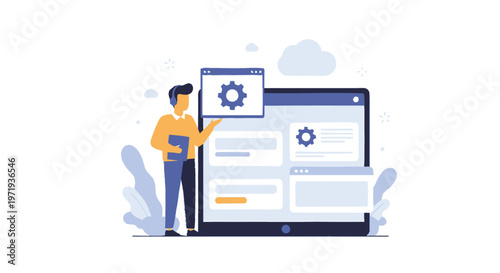 Man Configuring Settings on a Digital Tablet Interface.