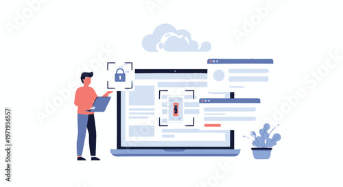 Man interacting with large computer screen.