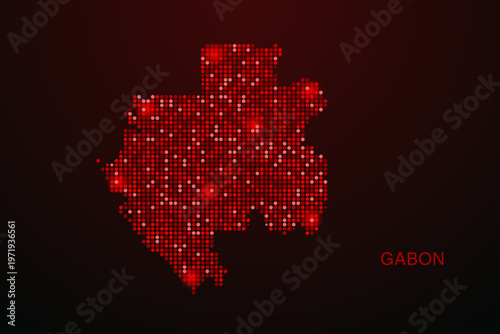 Gabon Map - Digital dotted map with glowing red points on dark background, modern technology style, abstract data network design, clean minimal vector illustration.