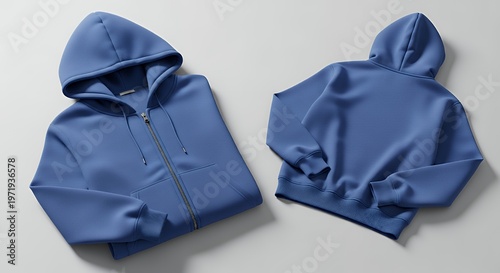 Blue hooded sweatshirt with zipper front and back fashion view hoodie mockup clothing design fashion casual hoodie isolated blank apparel cotton template