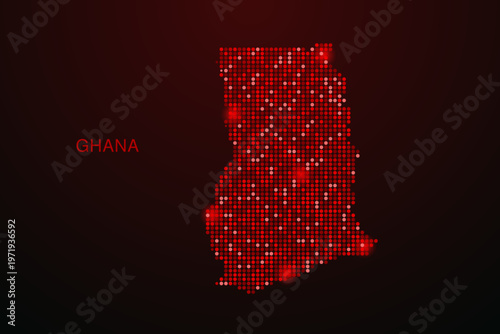 Ghana Map - Digital dotted map with glowing red points on dark background, modern technology style, abstract data network design, clean minimal vector illustration.