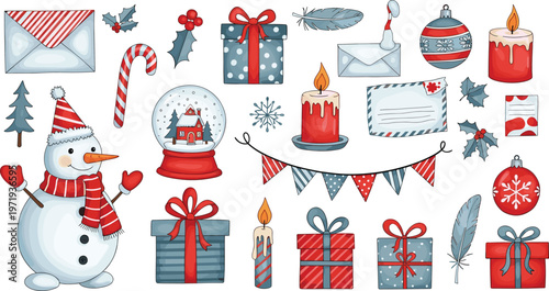 Christmas Holiday Vector Set with Snowman, Gifts, Candles, Snow Globe, and Festive Decorations for Winter Designs