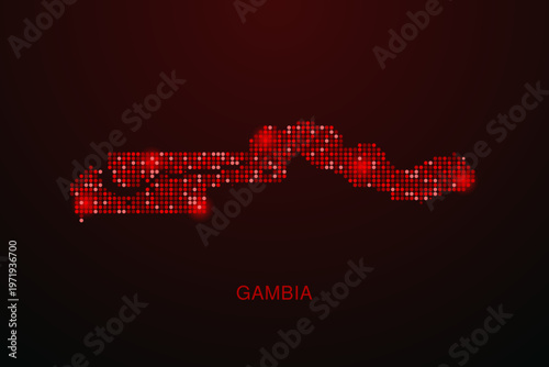 Gambia Map - Digital dotted map with glowing red points on dark background, modern technology style, abstract data network design, clean minimal vector illustration.
