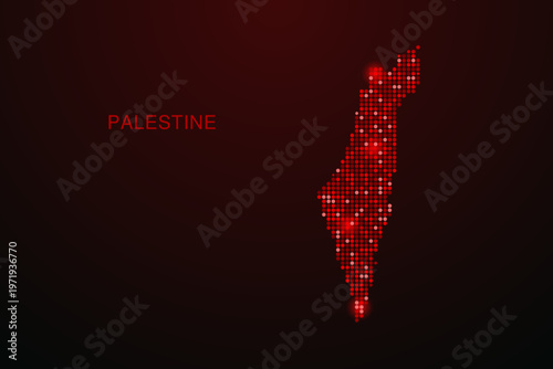 Palestine Map - Digital dotted map with glowing red points on dark background, modern technology style, abstract data network design, clean minimal vector illustration.