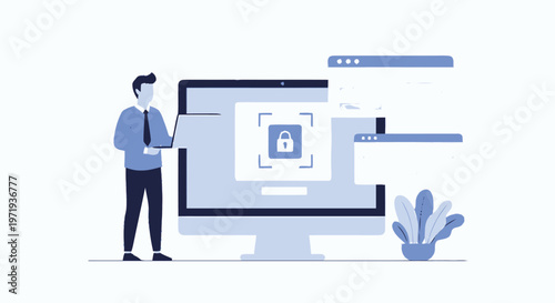 Man working on computer with security lock icon, data protection.