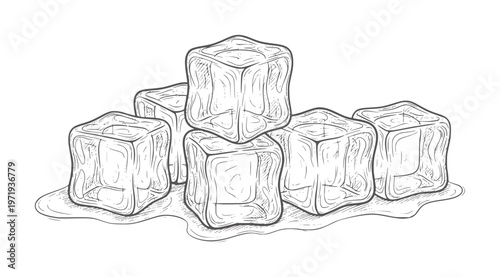 Hand drawn of melting ice cubes white water liquid