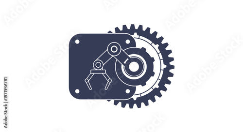 Industrial Automation - Robotic Arm and Gears Illustration on White Background.