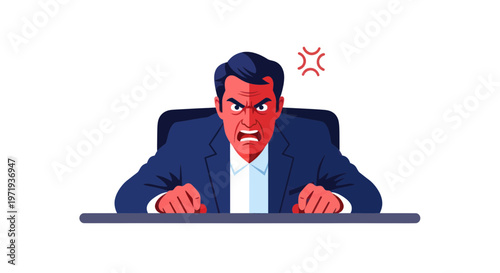 Angry businessman sitting at desk, furious expression, red face, frustration, anger management concept