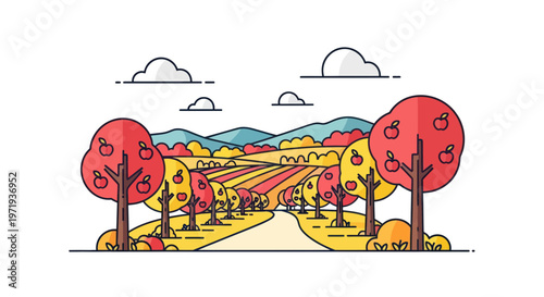 Autumn landscape with apple trees and fields, flat design illustration