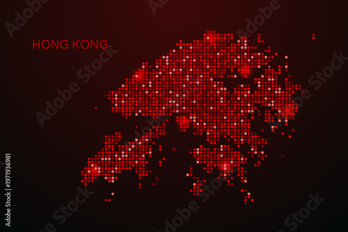 Hong Kong Map - Digital dotted map with glowing red points on dark background, modern technology style, abstract data network design, clean minimal vector illustration.