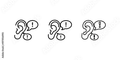 Hearing loss awareness and ear health medical linear icon collection showing sound wave detection and communication difficulty symbols on white background