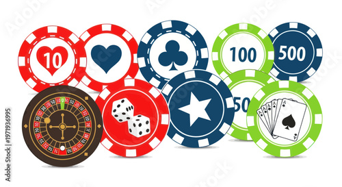 Casino Gambling Chips, Roulette Wheel, Dice, Playing Cards, and Poker Symbols