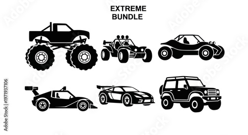 Extreme Sports Vehicles Vector Icons - Monster Truck, Buggy, Sports Cars, Off-road