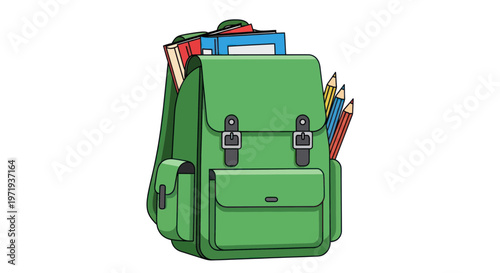 Green Backpack Filled with Books and Pencils - School Supplies