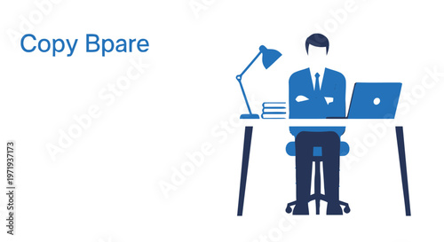 Illustration of a Man Working at a Desk with Laptop and Lamp.