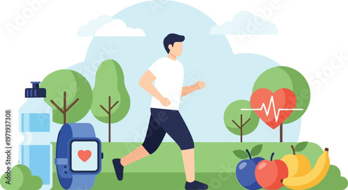 Healthy Lifestyle: A person actively runs in a vibrant park setting, embodying the essence of a wholesome lifestyle with a heart rate monitor and fresh fruits