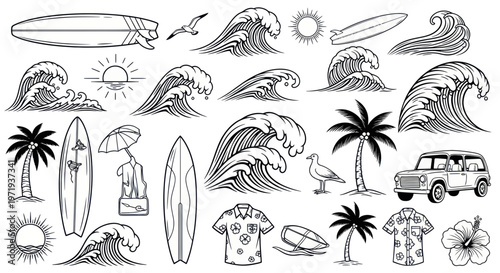 Summer Beach Vibes: Surfboards, Waves, Palm Trees, and Aloha Shirts