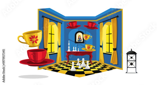 Surreal Room with Floating Teacups and Chess Pieces