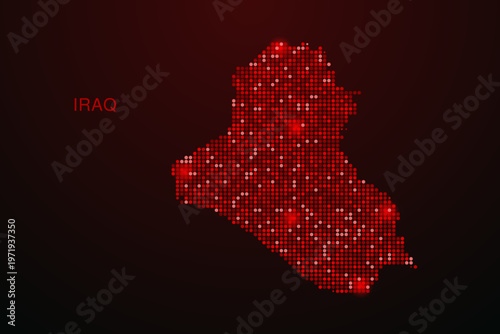 Iraq Map - Digital dotted map with glowing red points on dark background, modern technology style, abstract data network design, clean minimal vector illustration.