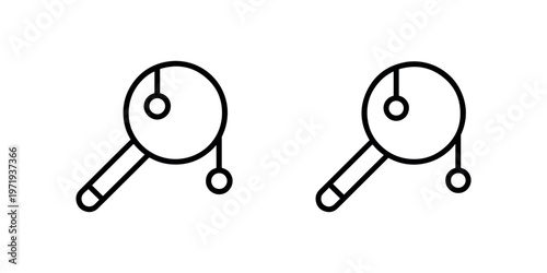 Two simple icons of a magnifying glass with a handle and attached string, representing investigation or exploration